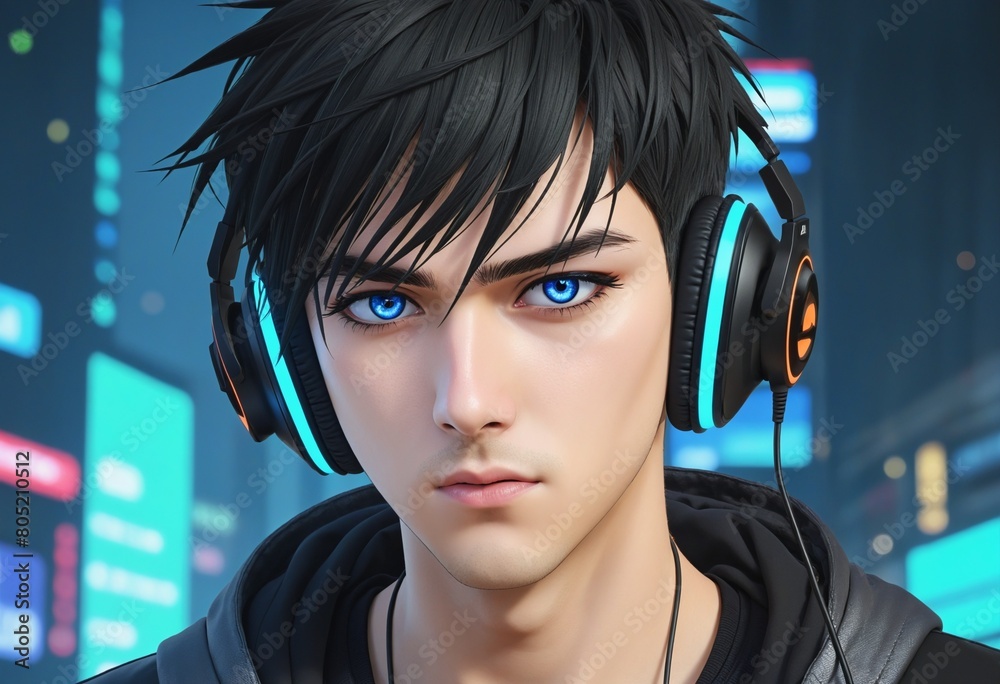 Wall mural image headphones guy Anime man earphones gamer futuristic stream boy cyber punk music hacker face beauty design blue urban cartoon person beautiful cute portrait people style head loneliness art