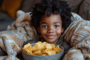 Portrait of a smiling child wrapped in a blanket holding a bowl of potato chips indoors