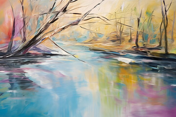 dreamy river by lake, abstract landscape art, painting background, wallpaper