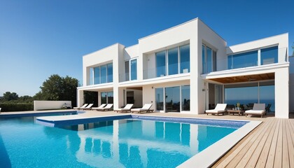 Beautiful home exterior and large swimming pool on sunny day with blue sky