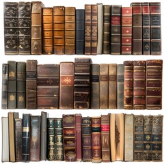stack of books on shelf isolated on white background generative ai, Old bookshelf with antique books isolated on white background
