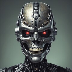 Surreal hand drawn digital illustration of a cyborg head in futuristic scary mask with teeth