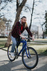 A bearded businessman in casual attire enjoys a bike ride in an urban setting, showcasing a modern...