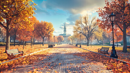 Historic city park in autumn, vibrant foliage against architectural landmarks under a golden sunset