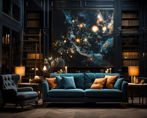 Atmospheric living room with a universe theme, including galaxy printed blinds and a starburst...