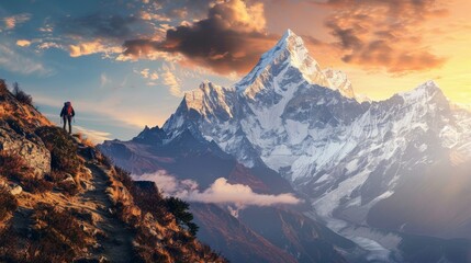 Climbers ascending a challenging peak or on a trail with view at a majestic mountain range