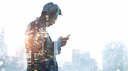The double exposure image of the business man holding phone sunrise overlay with cityscape image. 