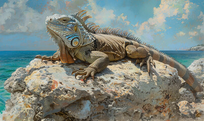 A colorful iguana sunning itself on rocks by the water's edge. Generate AI