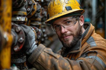 Close-up image of a worker in safety gear at an oil extraction site, focusing on the industrial environment and details