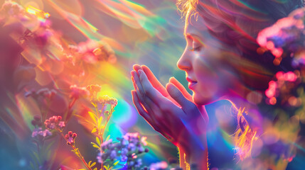 Serene woman meditating peacefully amidst flowers in waves of rainbow light rays creating a magical atmosphere. Woman with hands in prayer pose, eyes closed, embracing the peaceful sun energy. 