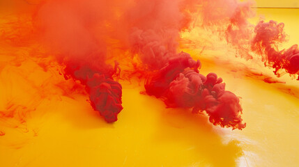 Fiery red smoke wafts over a bright yellow floor, mimicking the appearance of flames.