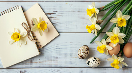 Beautiful daffodils notebooks and quail eggs 
