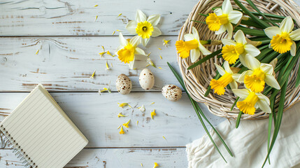 Beautiful daffodils notebooks and quail eggs 