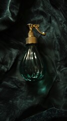 A dark green classic glass perfume bottle with a gold spray nozzle, displayed against a black velvet background for a luxurious feel