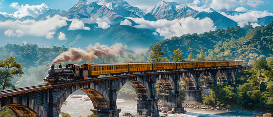 Historic steam train crossing a scenic bridge in the mountains, a nostalgic journey through picturesque landscapes
