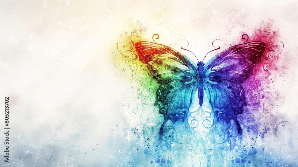 Sticker   Multicolored butterfly against white, blue, pink, and green backdrop; bubbles and swirls present