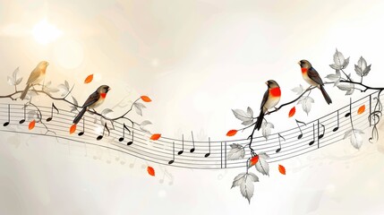   A collection of birds perched above a musical staff, adorned with autumnal leaves and music note embellishments