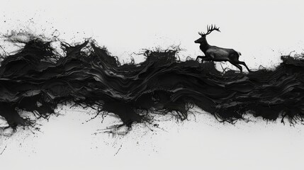   A black deer atop wave-like ink blot on white backdrop
