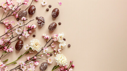 Beautiful Easter greeting card with flowers and chocolates