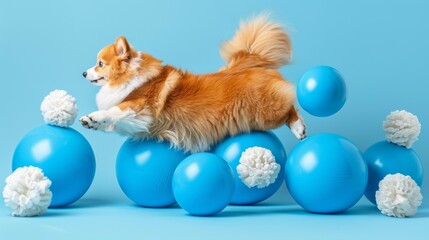   A brown-and-white dog atop a blue ball, surrounded by white pom-pom balls