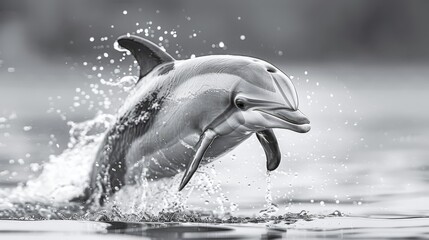   A black-and-white image of a dolphin leaping from the water with its mouth agape