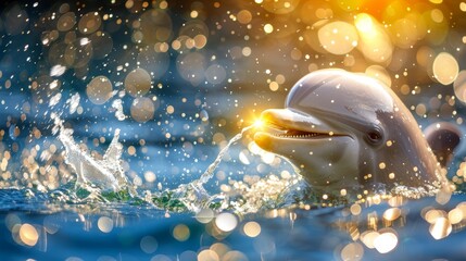   A tight shot of a dolphin swimming in a water body, illuminated face