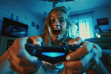 A woman holding a video game controller. Suitable for gaming concepts