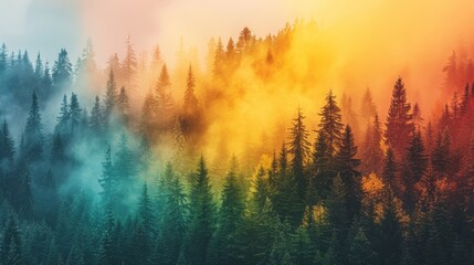   A forest teeming with tall trees shrouded in a rainbow-hued mist of smoke and smudges