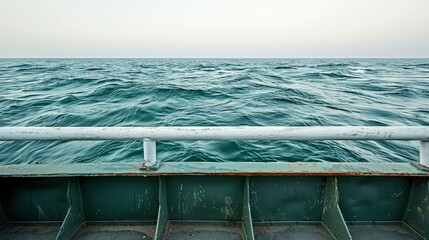   A scene of a vast water body from a boat's vantage point, featuring a metal railing in the foreground - obrazy, fototapety, plakaty