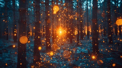   A forest teeming with numerous glowing lights, surrounded by more glowing lights within a forest