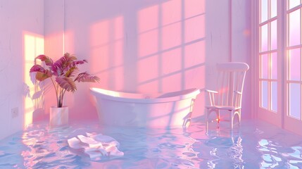   A white bathtub lies next to a window A white chair and a vase filled with flowers are situated nearby