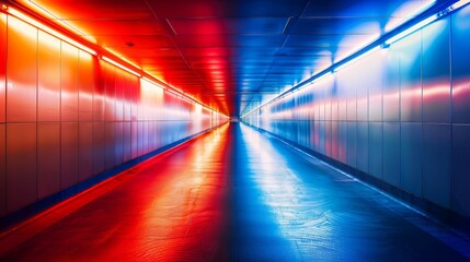   A brightly lit hallway with red, blue, and yellow wall sections, and a lengthy expanse of red and...