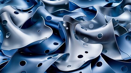   A detailed shot of a blue-silver object with numerous holes in its center, contrasting with a black object situated in the image's heart