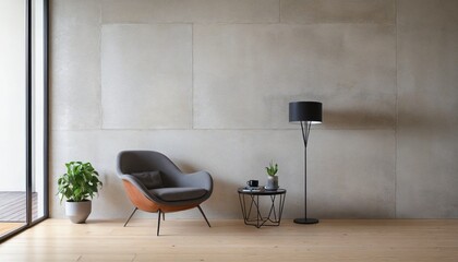 Living room interior room concrete wall in warm tones,gray armchair on wooden flooring