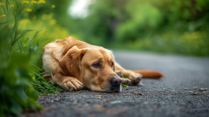 A yellow Labrador retriever lies on the road waiting for his owner. The concept of pet loyalty.