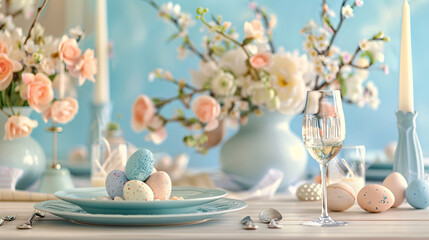 Beautiful Easter table setting on color background
