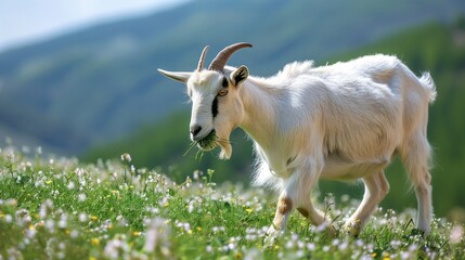 A hungry short-haired white goat walks and eats grass on a green blooming field on a farm on the mountains. Domestic goat grazing in the meadows. Mountain natural environment.