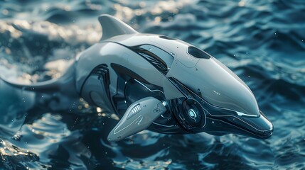 A robot dolphin swims in the ocean. A futuristic dolphin jumps out of the water next to a boat. The concept of robotics.