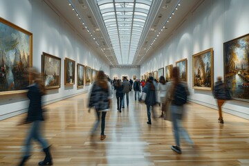 Visitors casually stroll through a museum hall, surrounded by classic paintings, offering a peaceful and reflective art experience
