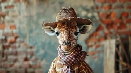   A tight shot of a giraffe donning a hat and a scarf, with another scarf draped around its neck
