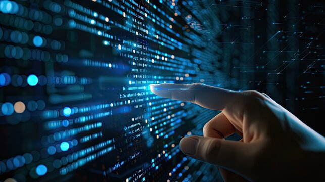 Hand touching digital shield with binary code and dark blue background, Cyber security concept.