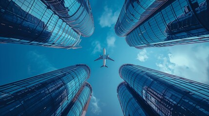 Airplane flying over business skyscrapers, high-rise buildings. Sun light on blue sky. Transport, transportation, travel concept.