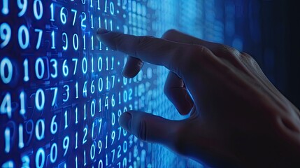 Hand touching digital shield with binary code and dark blue background, Cyber security concept.