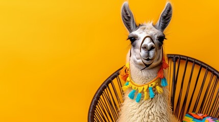 Fototapeta premium A llama sits in a wicker chair against a yellow wall