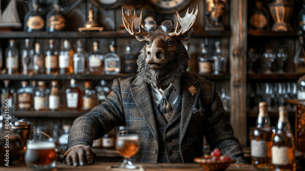 Poster   A man statue in a suit, crowned with antlers, stands before a bar brimming with liquor bottles