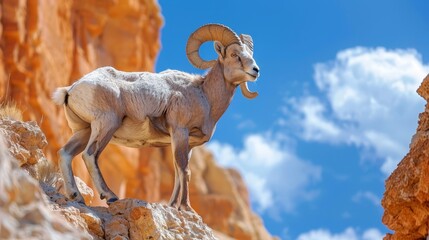   A ram atop a rocky cliff against a backdrop of blue sky and scattered clouds