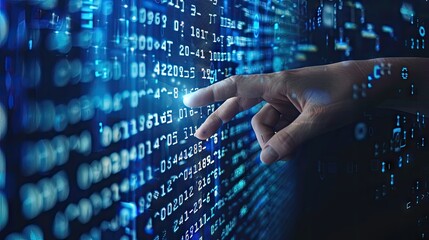 Hand touching digital shield with binary code and dark blue background, Cyber security concept.
