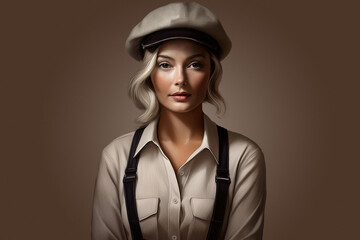 A digital portrait showcasing a stylish woman with a hat and suspenders against a brown backdrop