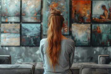 Obraz premium A woman with long hair is seen from behind, deeply observing a diverse collection of colorful abstract paintings