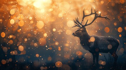   A deer with antlers against a blurred backdrop, featuring a beam of light bokeh originating from above its antlers